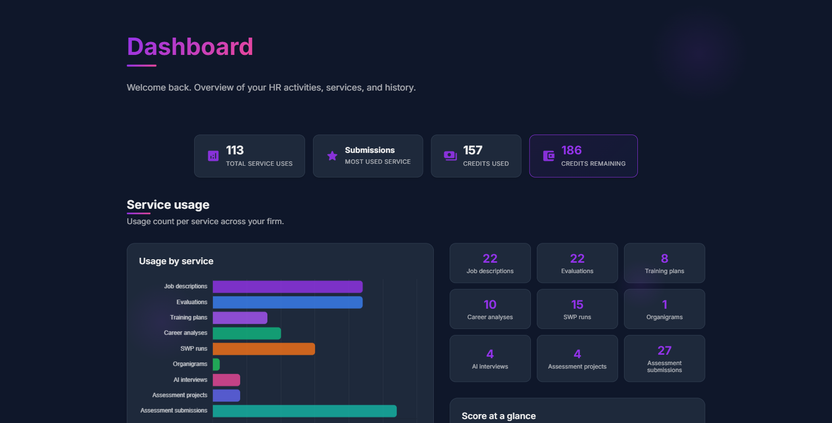 BG HR AI dashboard showing service usage and candidate scores